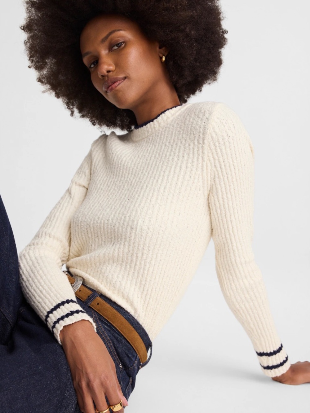 NEW Madewell Bouclé-Knit Crewneck Sweater Sz M Cream Navy Long Sleeve Chic Cozy